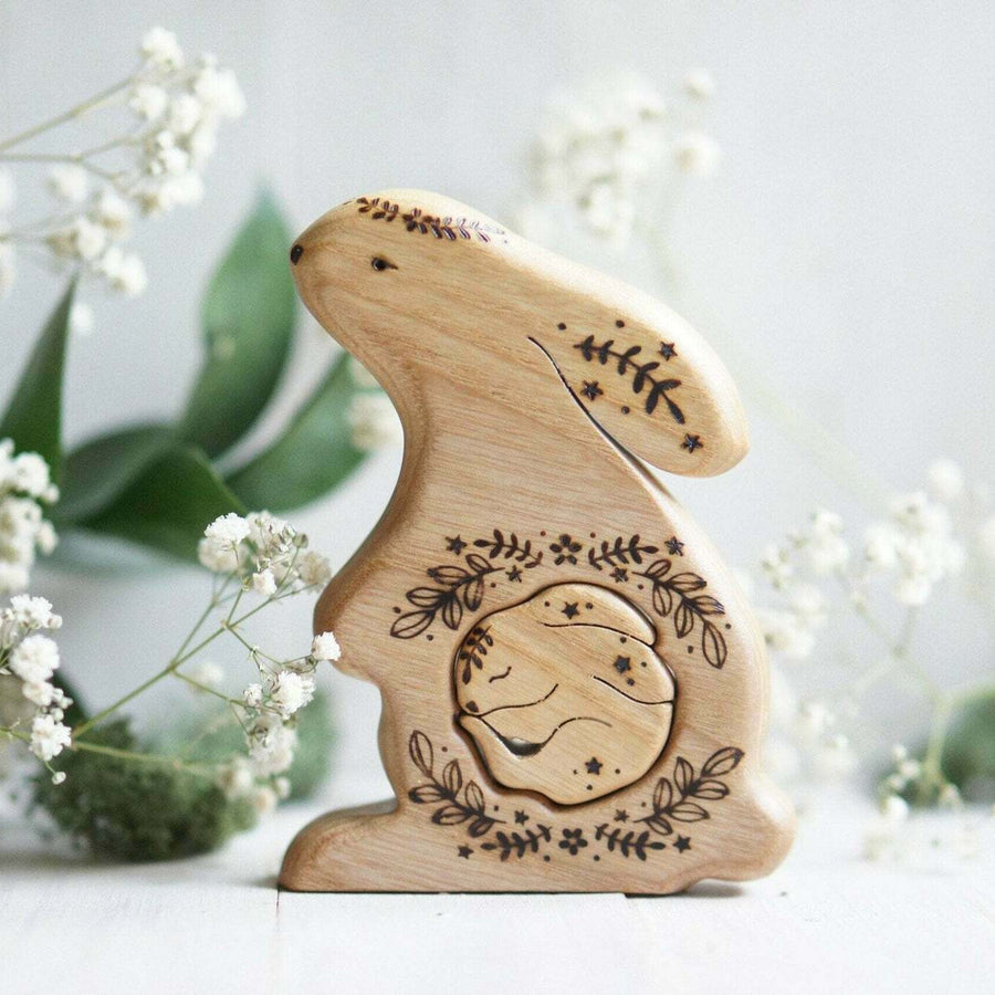 Wooden Bunny Announcement Puzzle with a baby tucked inside the belly, a wooden new-baby keepsake by Tiny Fox Hole, cut and finished by hand