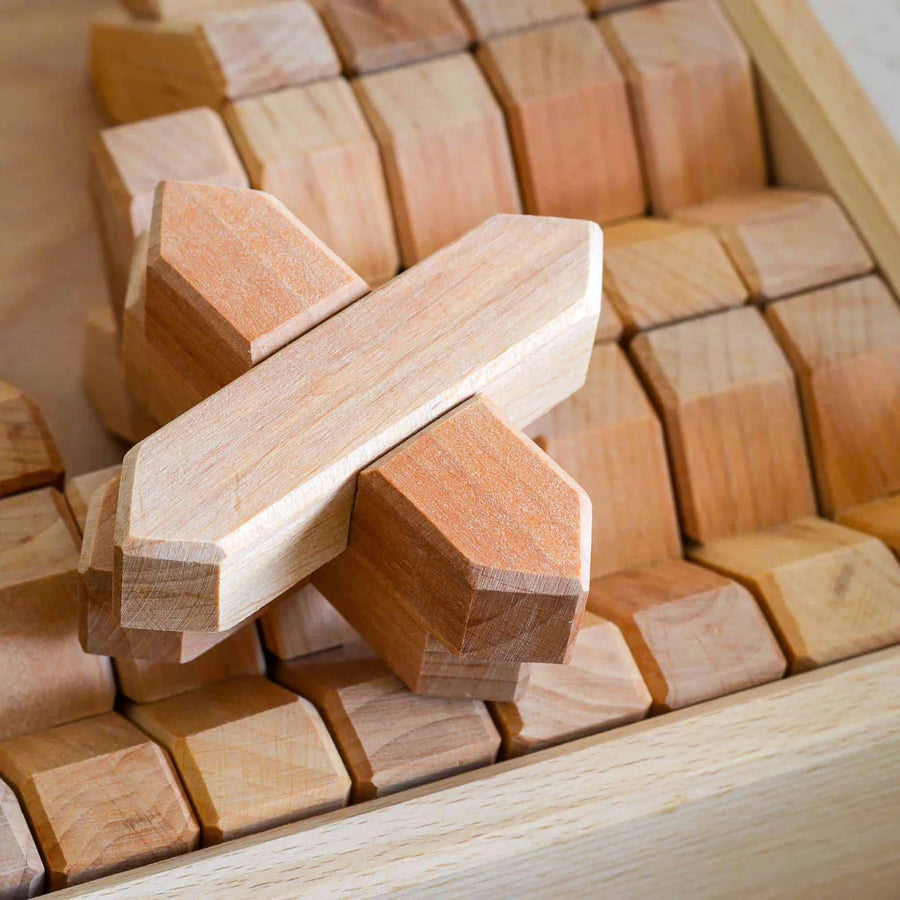 Close-up of interlocking Bauspiel X-Blocks in natural alder
