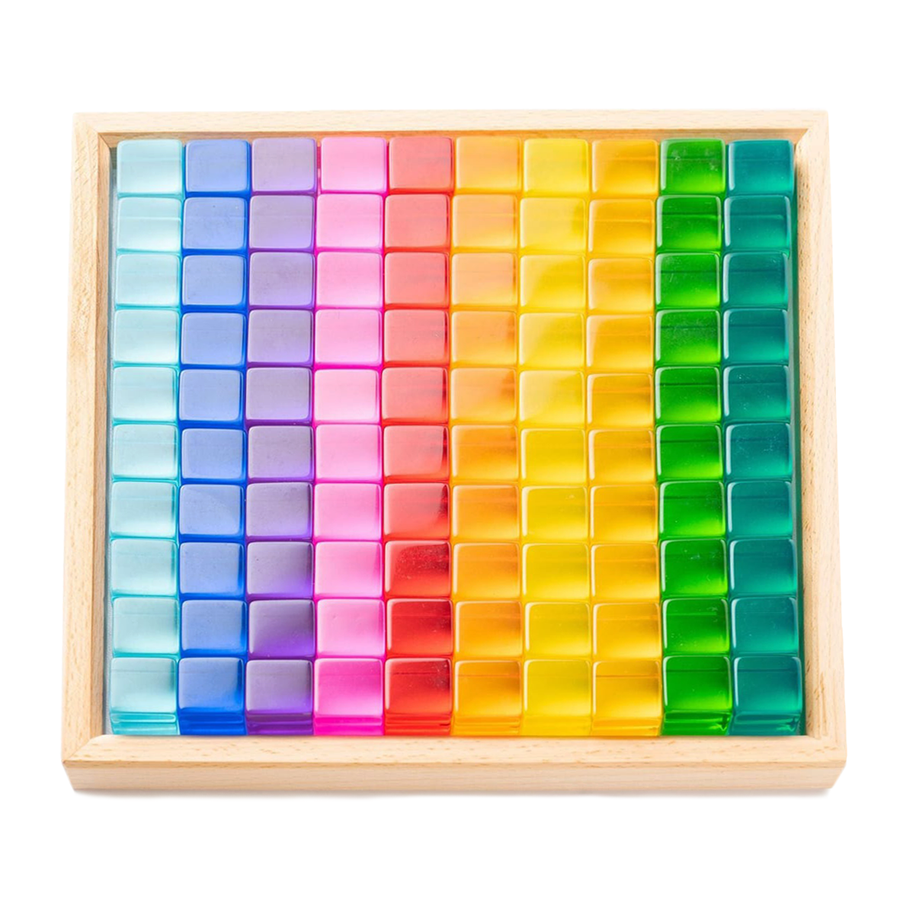 Bauspiel Lucent Cubes, 100 translucent cubes arranged by color in their wooden tray