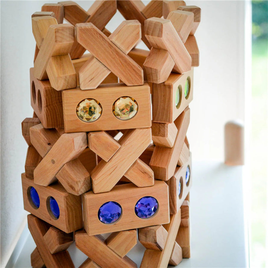 Bauspiel X-Blocks built into a tower combined with gem blocks