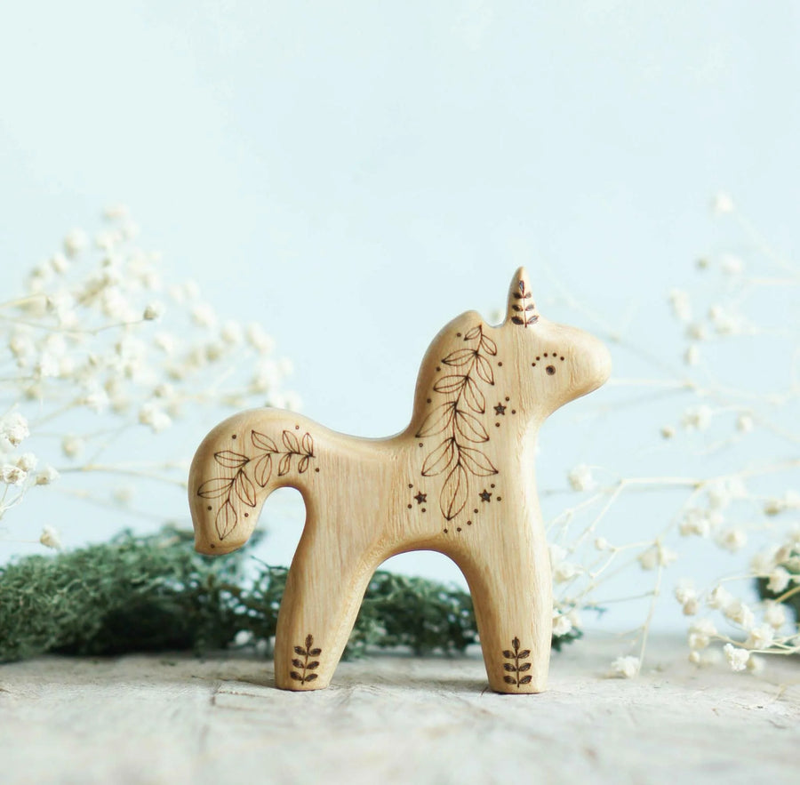 Wooden Baby Unicorn, Looking Up, a natural wood animal toy by Tiny Fox Hole (view 2)