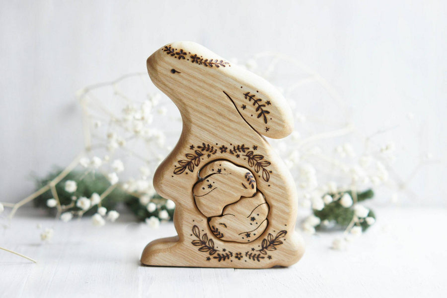 Wooden Bunny Announcement Puzzle for Twins, a wooden new-baby keepsake by Tiny Fox Hole (view 2)