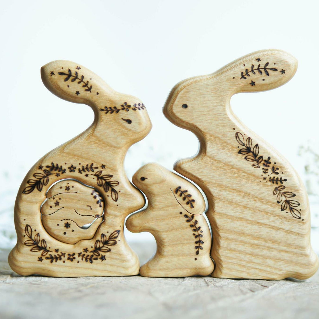 Wooden Bunny Family Announcement Puzzle (Mom, Dad, and Two Little Ones), a wooden new-baby keepsake by Tiny Fox Hole, cut and finished by hand