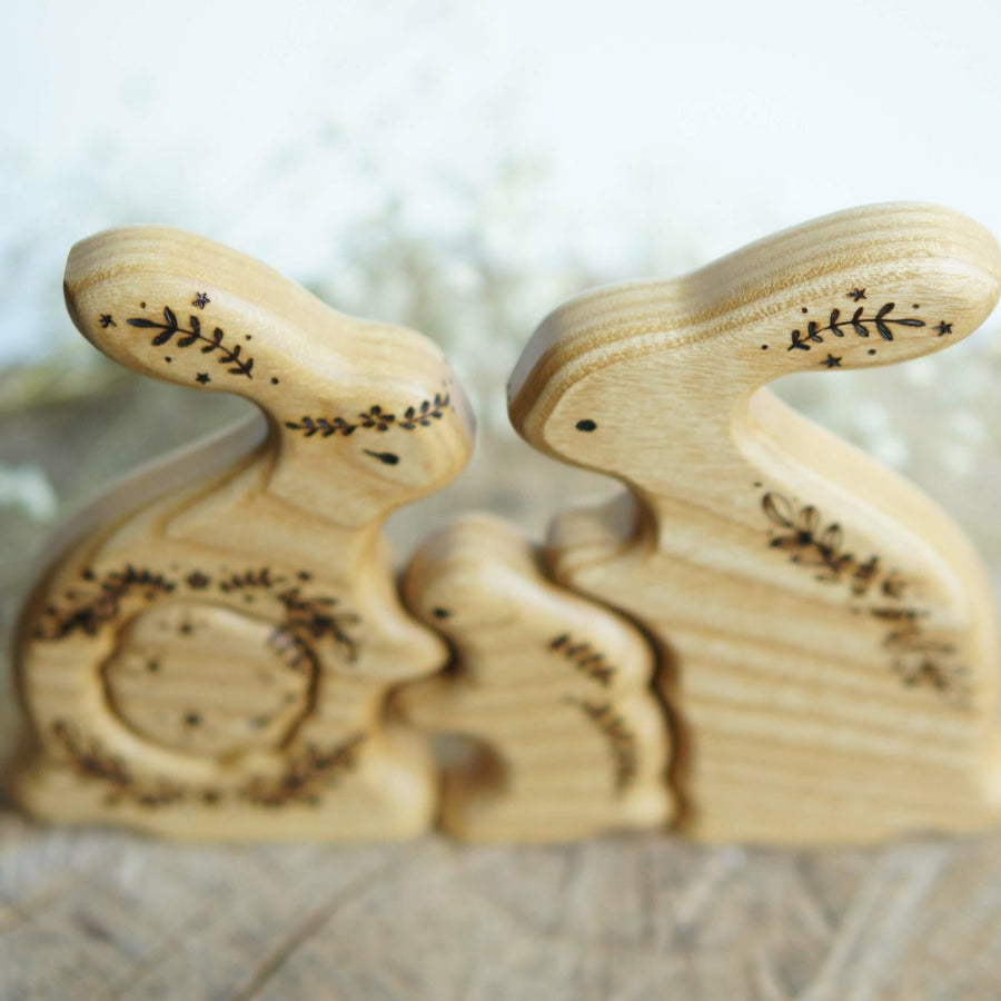 Wooden Bunny Family Announcement Puzzle (Mom, Dad, and Two Little Ones), a wooden new-baby keepsake by Tiny Fox Hole (view 3)