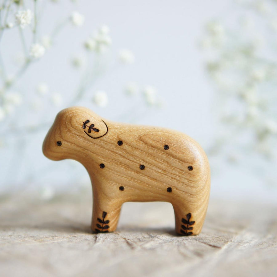 Wooden Lamb, Twig on Ear, a natural wood animal toy by Tiny Fox Hole, cut and finished by hand from solid wood