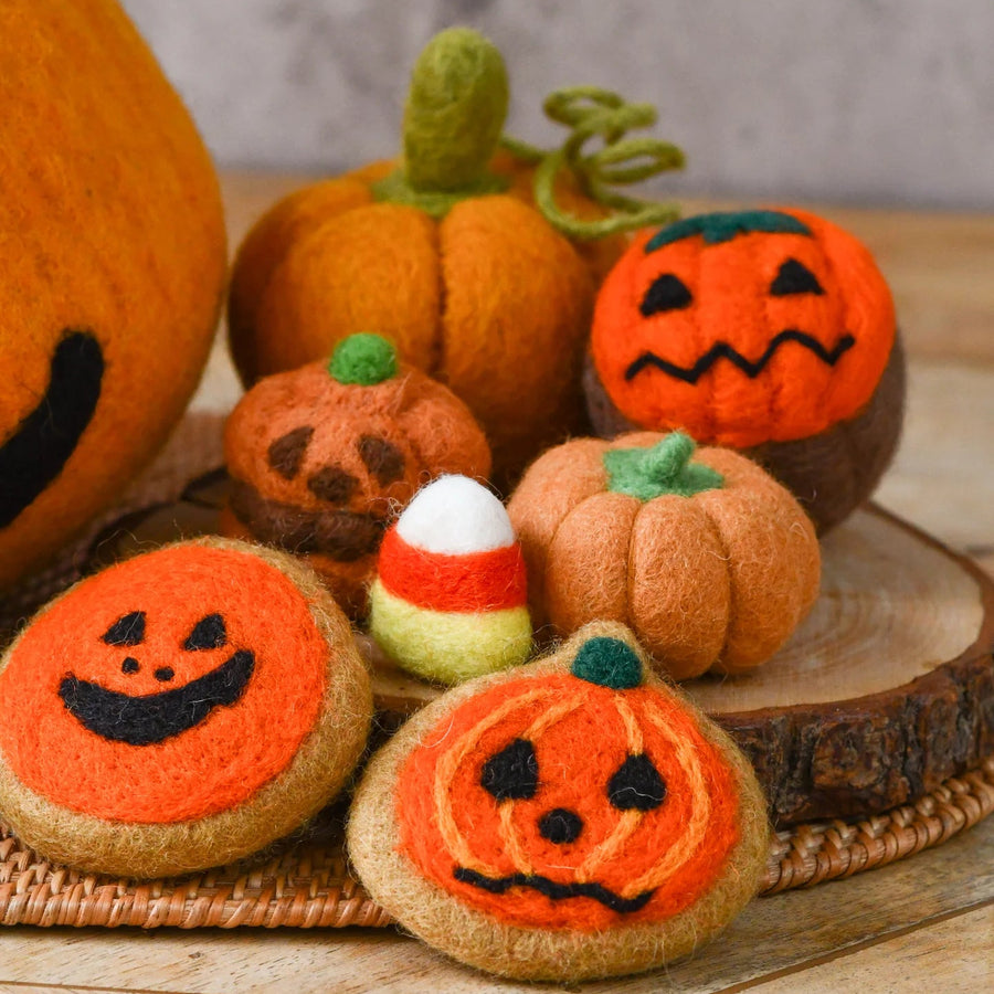 Second view of the jack-o-lantern grazing set showing all the felt pieces laid out