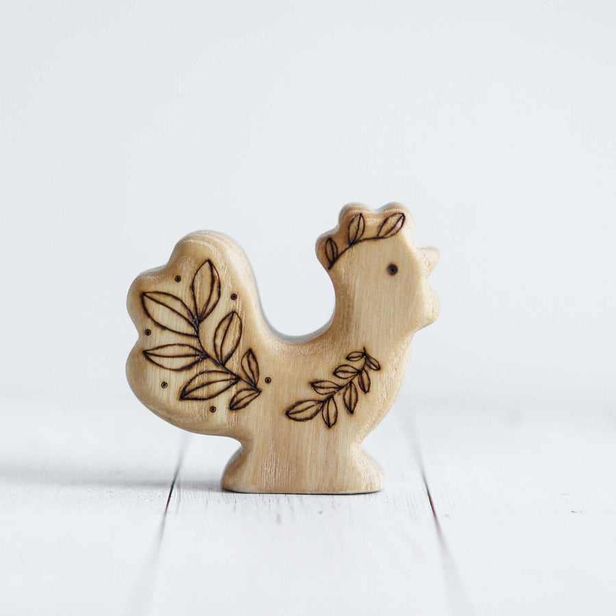 Wooden Rooster, a natural wood animal toy by Tiny Fox Hole, cut and finished by hand from solid wood