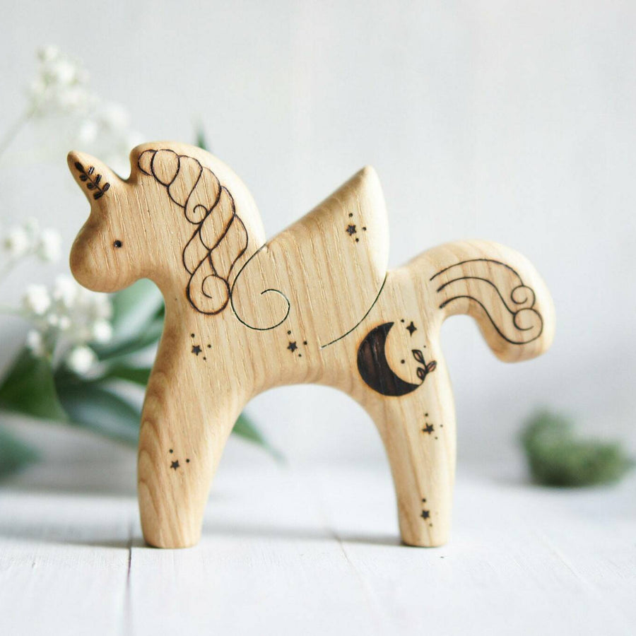 Wooden Unicorn with Wings, a natural wood animal toy by Tiny Fox Hole, cut and finished by hand from solid wood