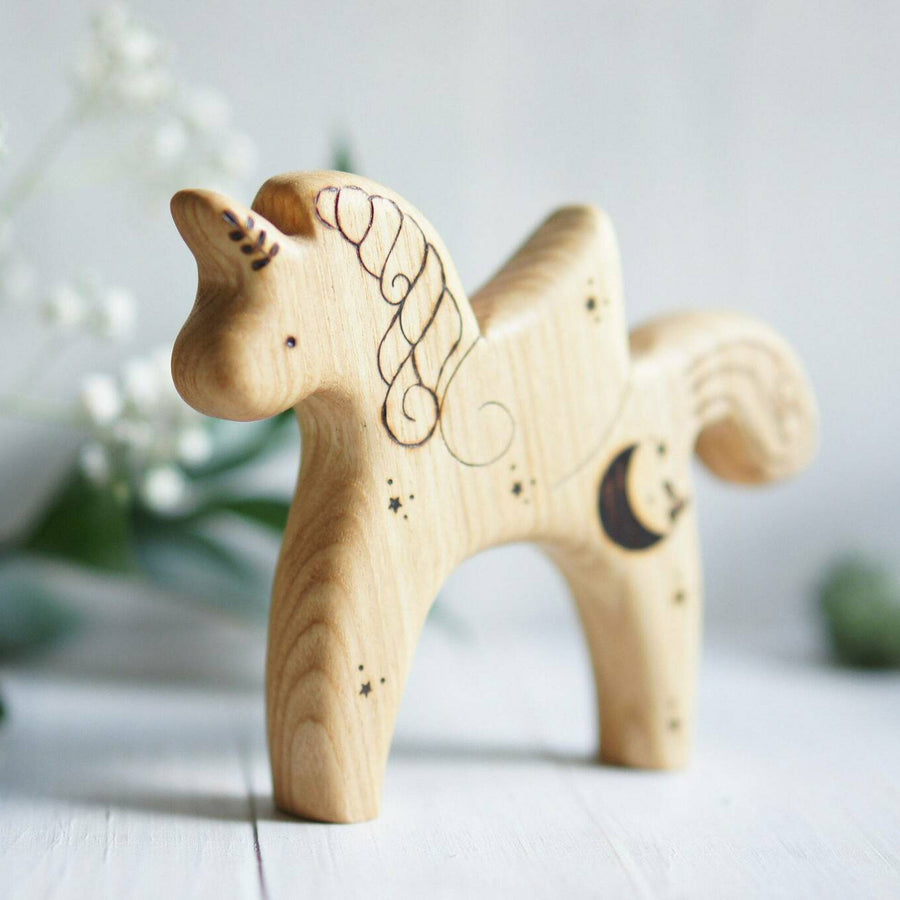 Wooden Unicorn with Wings, a natural wood animal toy by Tiny Fox Hole (view 3)