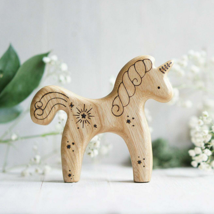 Wooden Unicorn, Star and Moon, a natural wood animal toy by Tiny Fox Hole, cut and finished by hand from solid wood