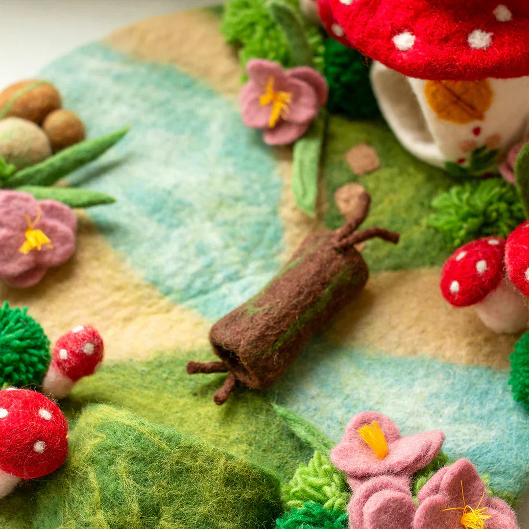 Gus + Mabel felt fairy scene with hand-felted toadstools and florals