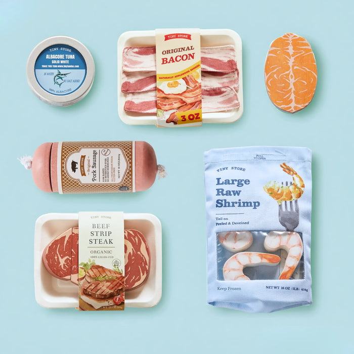 Tiny Land pretend play food set with steak, tuna, and shrimp