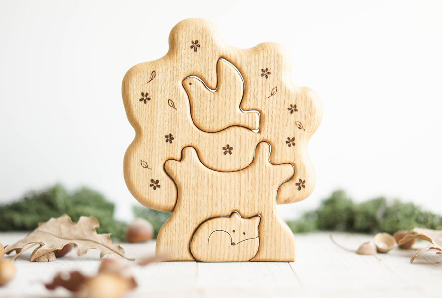 Wooden Tree Puzzle with Bird and Fox, a natural wood puzzle by Tiny Fox Hole (view 2)