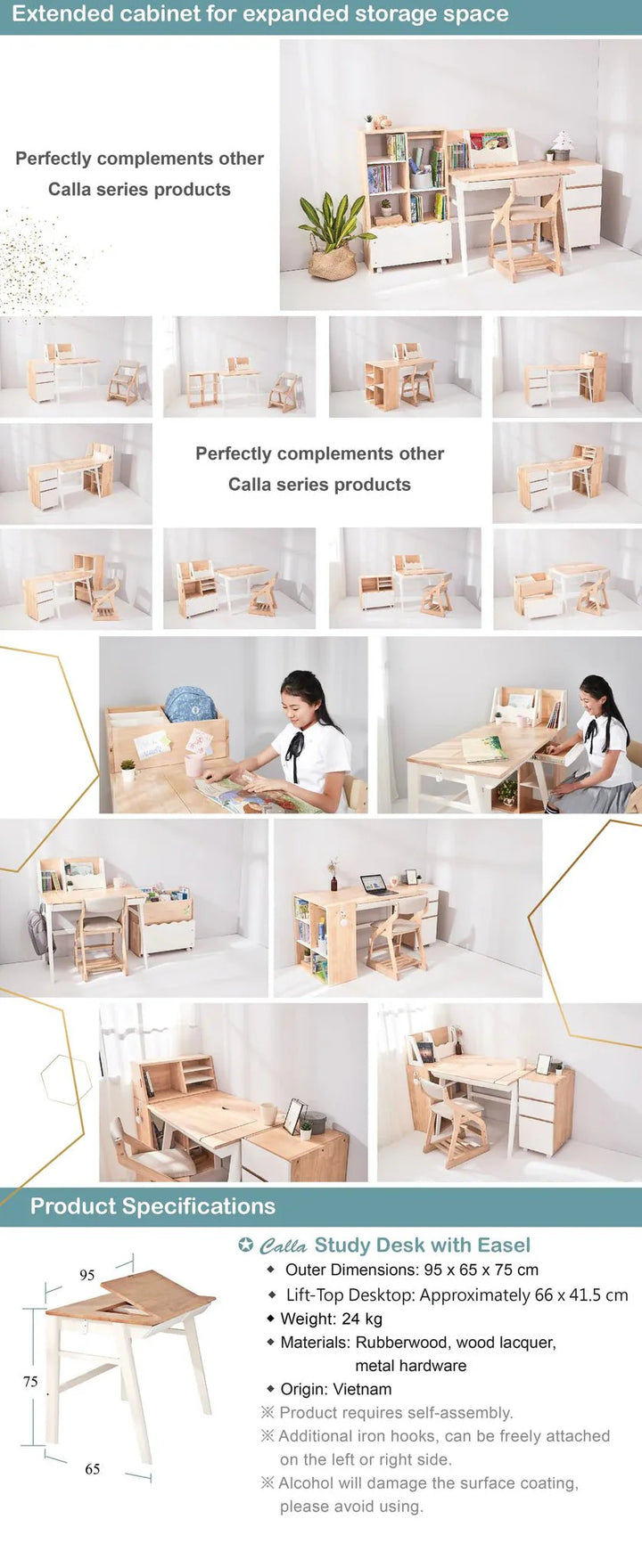 Calla Adjustable Solid Wood Growth Desk with Easel - Rubberwood Construction - Natural Color - Storage Drawers