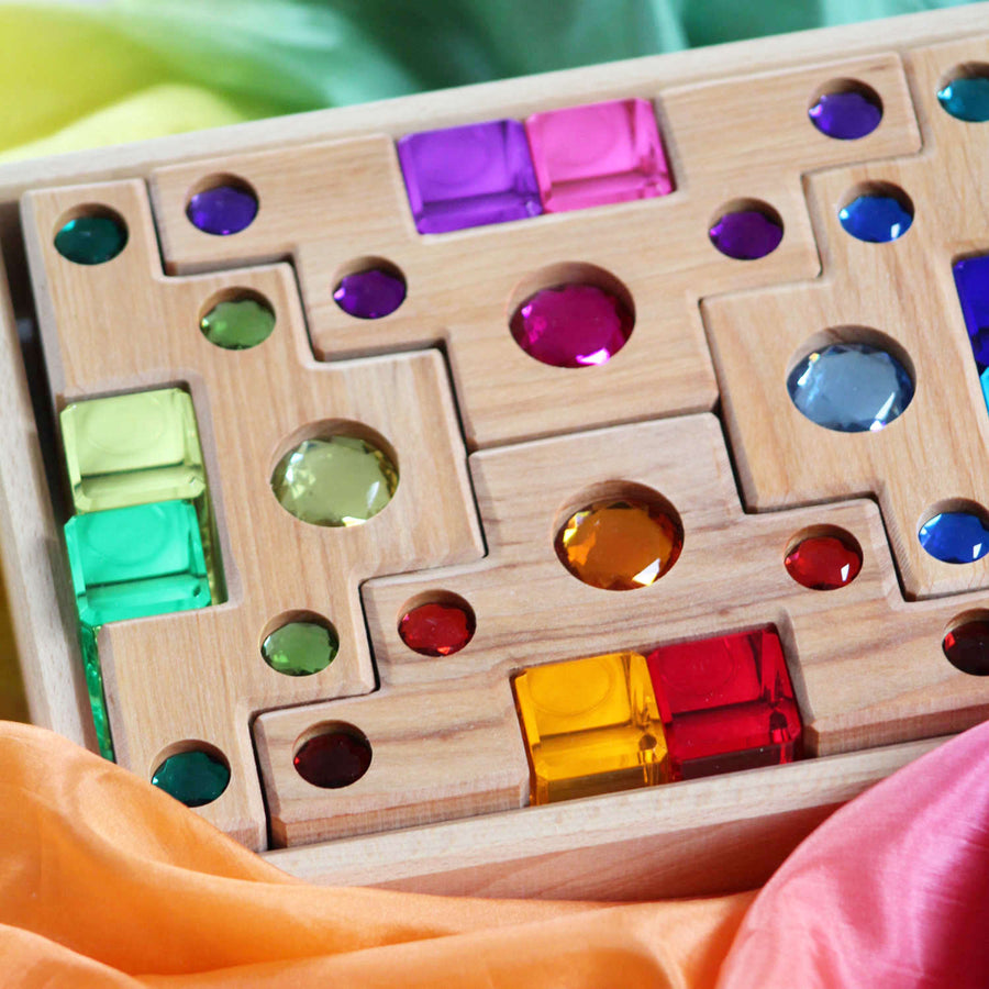Bauspiel Color Staircase blocks with gem insets and luminous blocks in the wooden frame