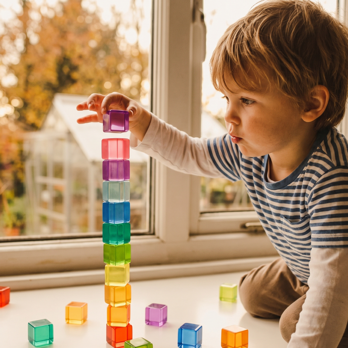 Child stacking Bauspiel Lucent Cubes into a rainbow tower by a sunny window