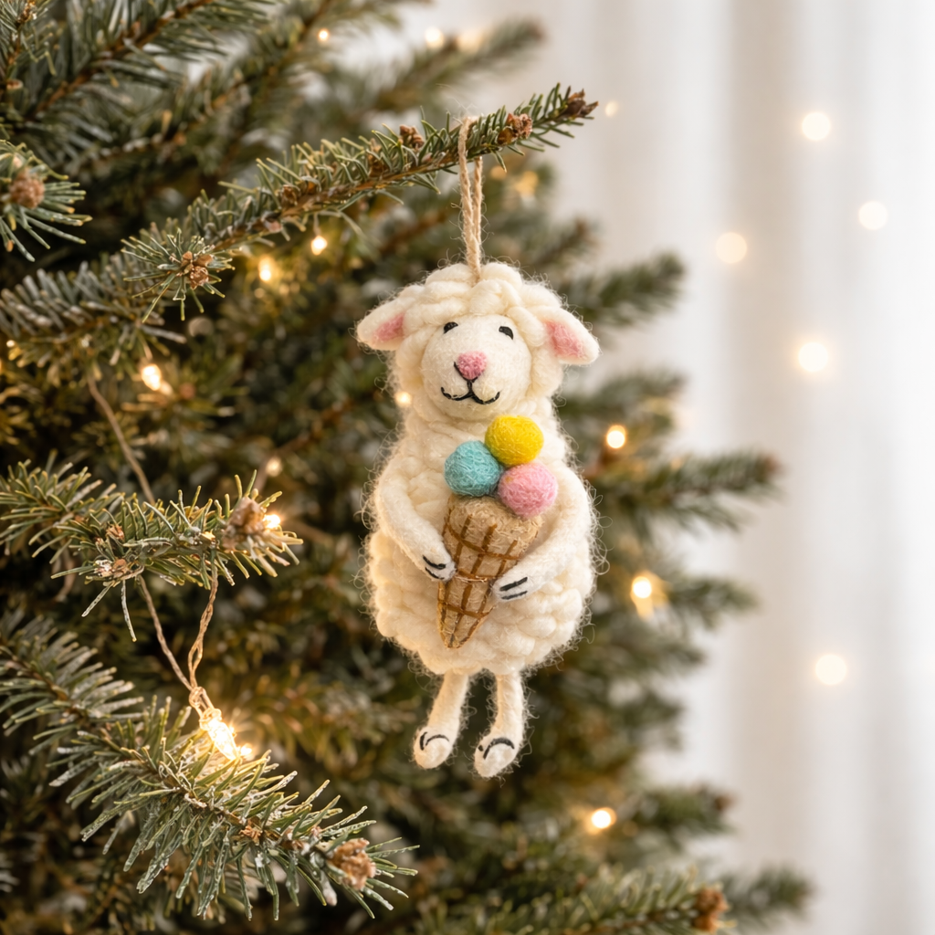 Handmade felt sheep ornament holding an ice cream cone