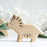 Wooden Triceratops, a natural wood animal toy by Tiny Fox Hole, cut and finished by hand from solid wood · view 1
