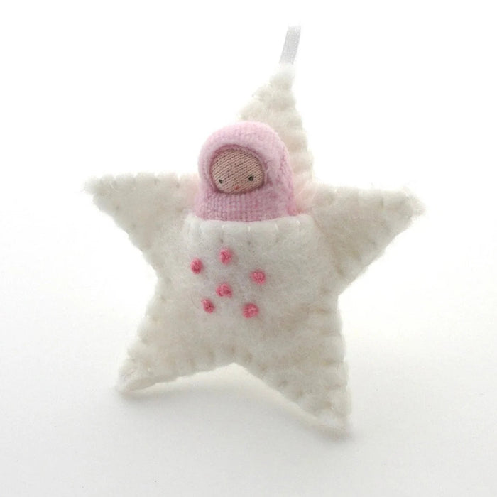 Fairyshadow White Embroidered Star Ornament, Pink Baby