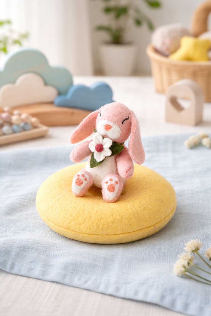 Felt Bunny Rabbit with Flower on Cushion