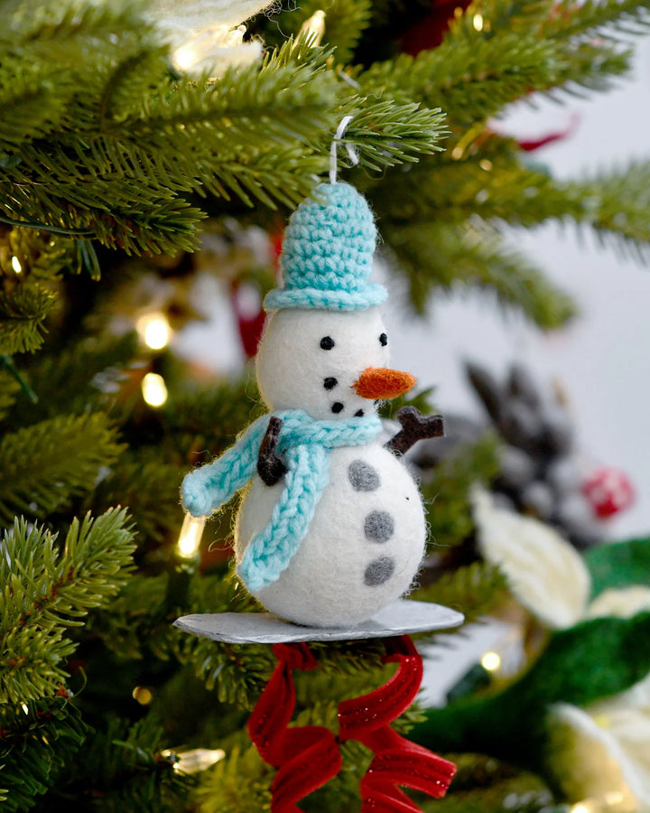 Felt Snowman on Snowboard Ornament