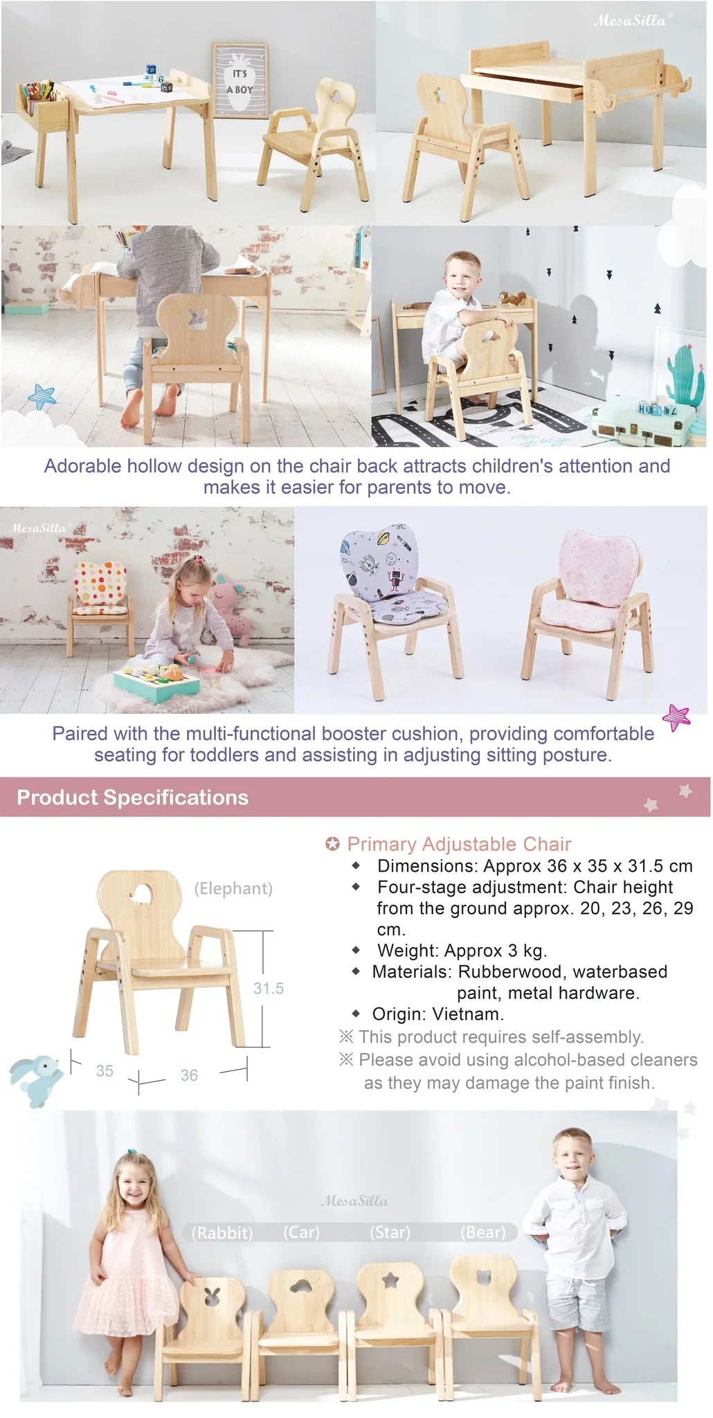 Mesasilla Adjustable Wooden Kids Chair - Ergonomic, Height-Adjustable, Solid Wood | 4 Height Options