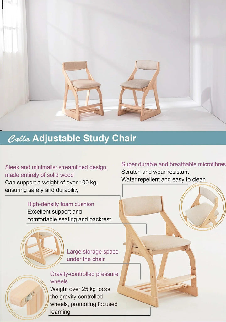 Calla Adjustable Solid Wood Chair for Kids - 4 Height Settings, Easy-to-Clean Fabric