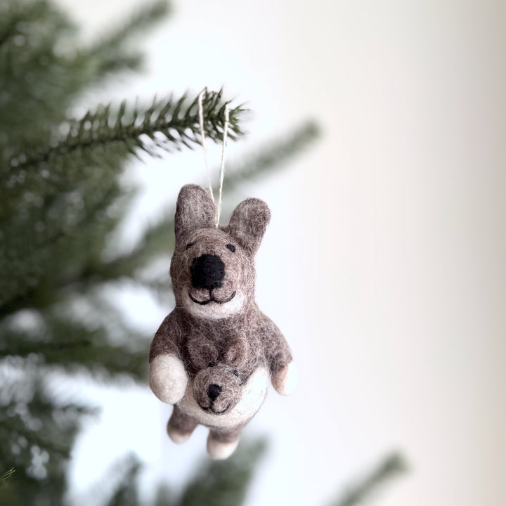 Handmade felt kangaroo ornament carrying a joey in her pouch