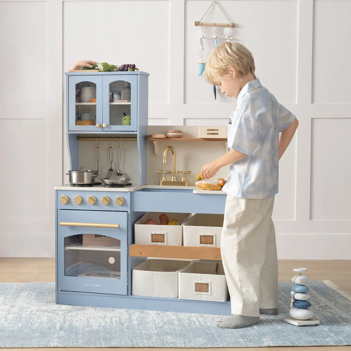 Tiny Land® Pretend Play Kitchen for Kids - Serenity Wooden Kitchen – Blue