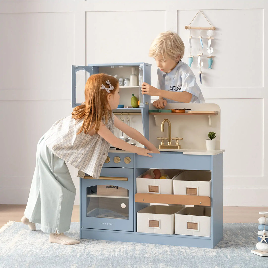 Tiny Land® Pretend Play Kitchen for Kids - Serenity Wooden Kitchen – Blue