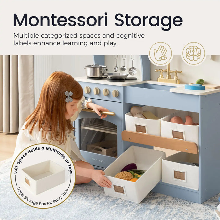 Tiny Land® Pretend Play Kitchen for Kids - Serenity Wooden Kitchen – Blue