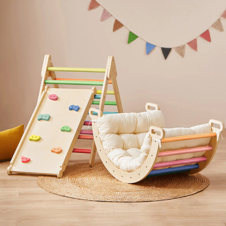 Tiny Land 7-in-1 rainbow Montessori climbing set with play pad