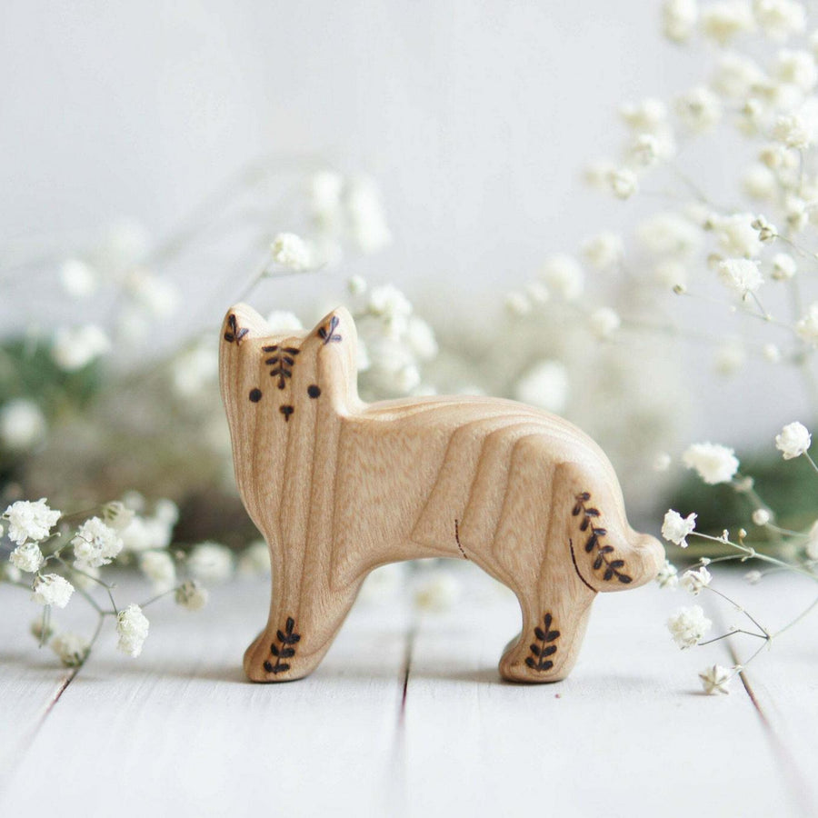 Wooden Cat, Floral, a natural wood animal toy by Tiny Fox Hole, cut and finished by hand from solid wood
