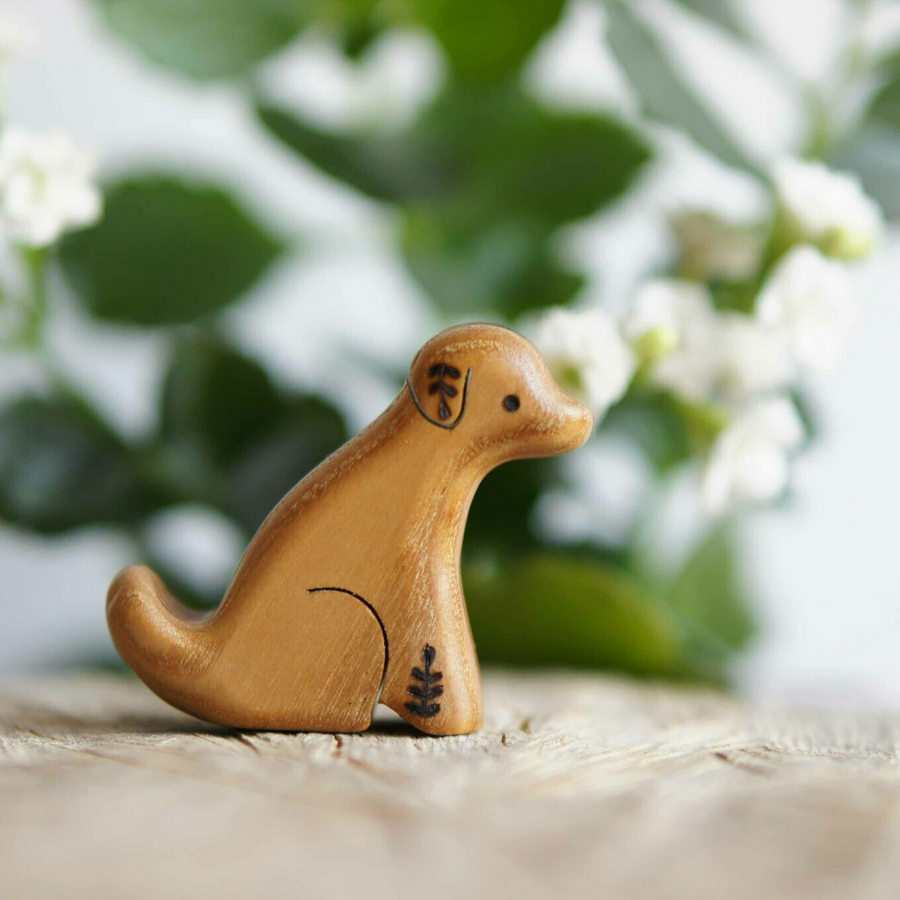 Wooden Puppy, Sitting, a natural wood animal toy by Tiny Fox Hole, cut and finished by hand from solid wood