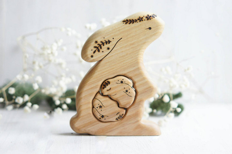 Wooden Bunny Announcement Puzzle for Twins, a wooden new-baby keepsake by Tiny Fox Hole (view 6)