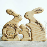 Wooden Bunny Family Announcement Puzzle (Mom, Dad, and Two Little Ones), a wooden new-baby keepsake by Tiny Fox Hole, cut and finished by hand · view 1