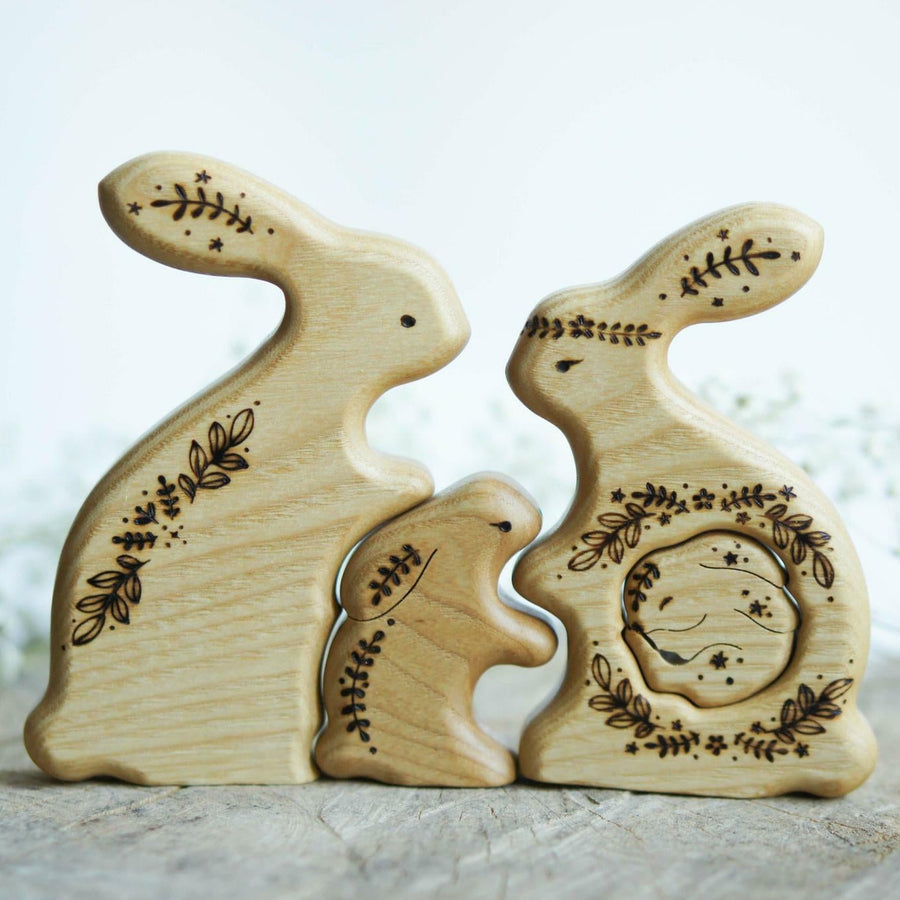 Wooden Bunny Family Announcement Puzzle (Mom, Dad, and Two Little Ones), a wooden new-baby keepsake by Tiny Fox Hole (view 2)