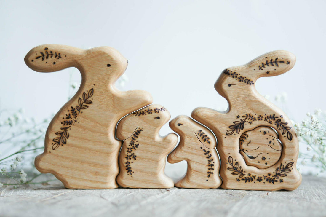 Wooden Bunny Family Announcement Puzzle (Mom, Dad, and Three Little Ones), a wooden new-baby keepsake by Tiny Fox Hole, cut and finished by hand