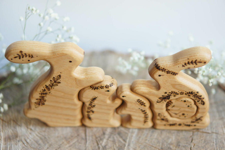 Wooden Bunny Family Announcement Puzzle (Mom, Dad, and Three Little Ones), a wooden new-baby keepsake by Tiny Fox Hole (view 2)
