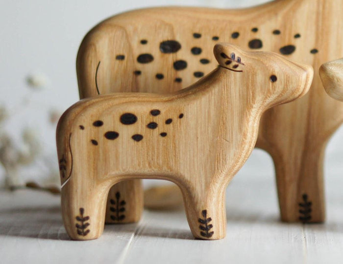 Wooden Calf, Spotted, a natural wood animal toy by Tiny Fox Hole, cut and finished by hand from solid wood