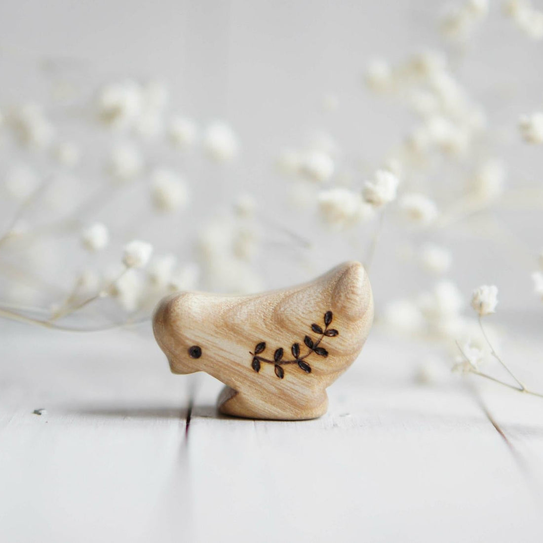 Wooden Chick, Looking Down, a natural wood animal toy by Tiny Fox Hole, cut and finished by hand from solid wood