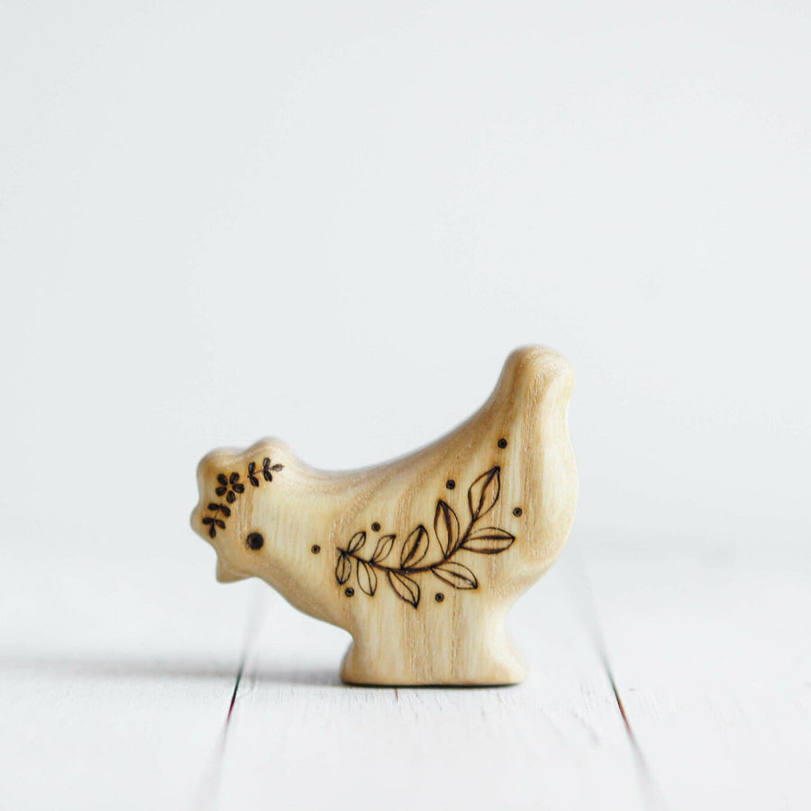 Wooden Hen, Looking Down, a natural wood animal toy by Tiny Fox Hole, cut and finished by hand from solid wood