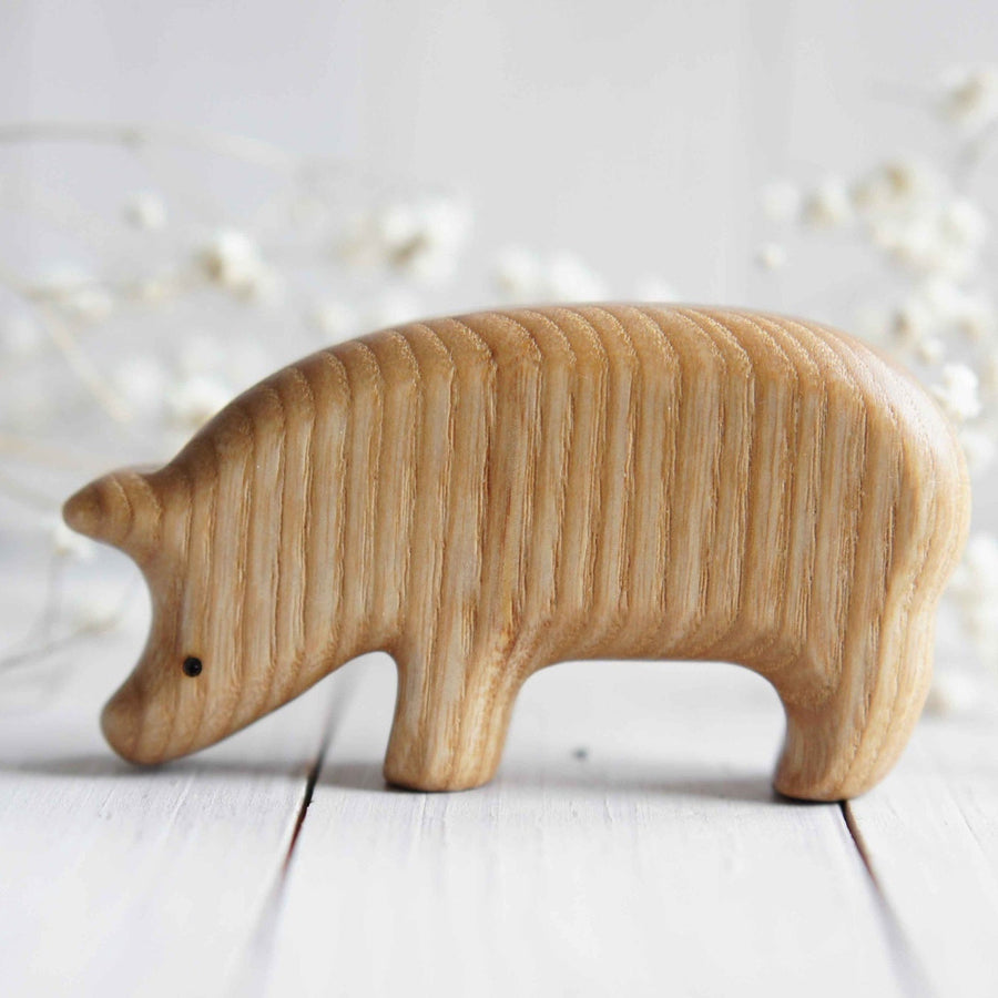 Wooden Pig, Looking Down, a natural wood animal toy by Tiny Fox Hole (view 3)