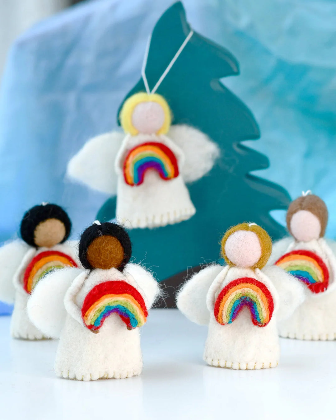 Felt Waldorf Diversity Angel with Rainbow, Black Hair
