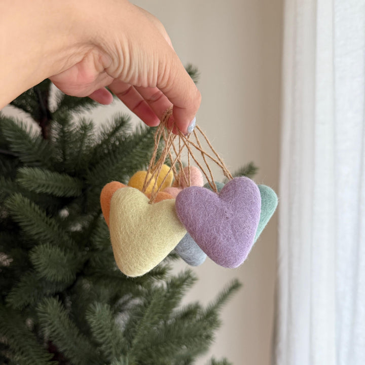 Felt Pastel Heart Ornaments – Set of 7 Wool Decorations
