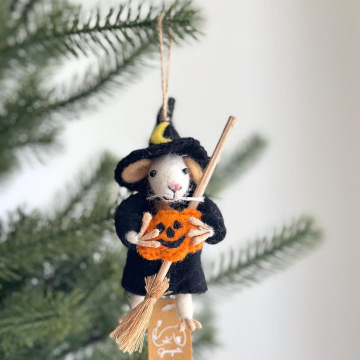 Felt Wizard Mouse Holding Pumpkin Ornament