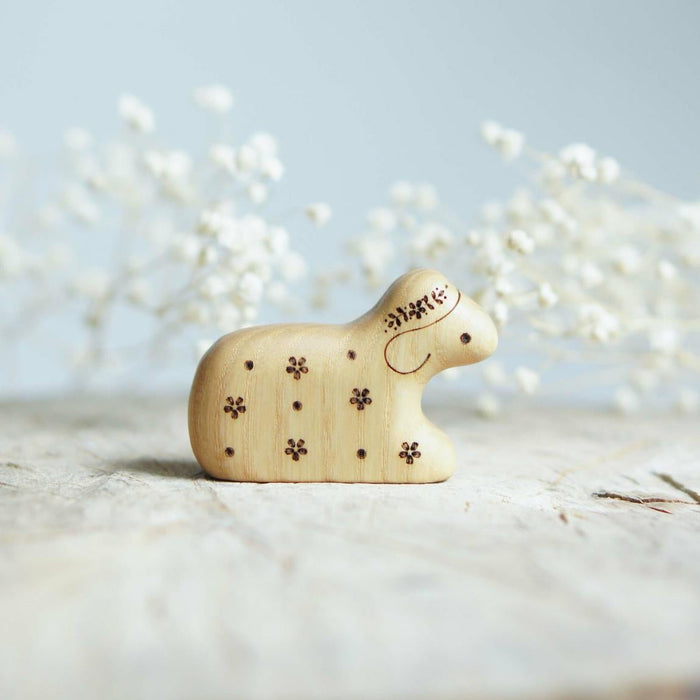 Wooden Lamb, Lying, a natural wood animal toy by Tiny Fox Hole, cut and finished by hand from solid wood