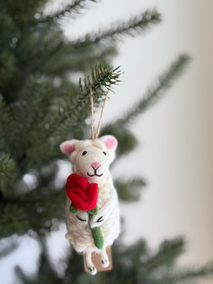 Sheep Holding Rose Ornament