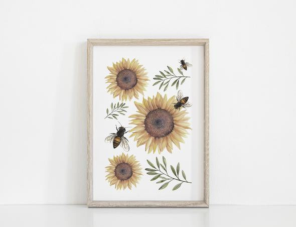 Floral & Fern Sunflower and Bees Print