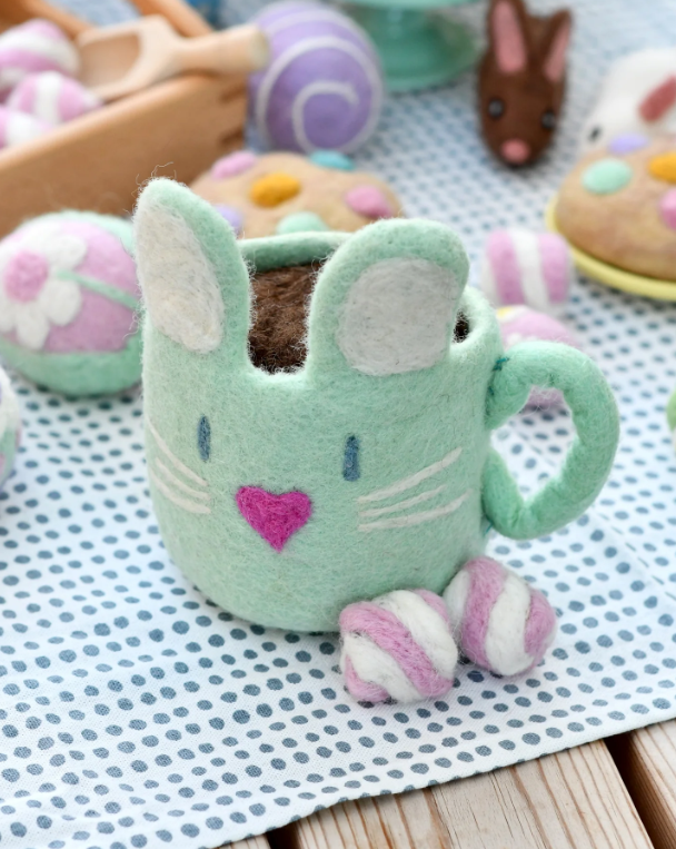 Felt Bunny Hot Chocolate Mug with Marshmallows, Mint Green Cup